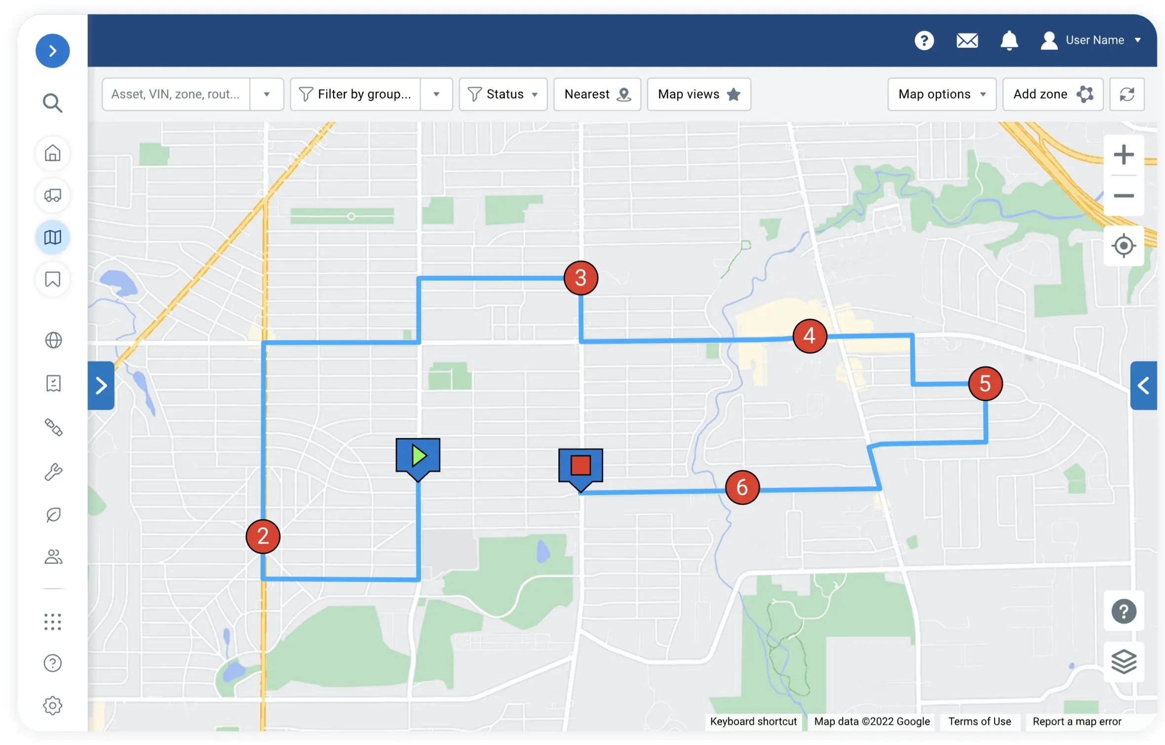 A route optimisation map shown on the MyGeotab fleet management dashboard highlights a vehicle's path with numbered red checkpoints along the route, visually represented by a blue line. The starting point is marked with a green play button, and the destination is signified by a red stop icon. This detailed map offers insights into real-time vehicle tracking, helping fleet managers optimise routes, improve efficiency, and reduce fuel consumption. The map integrates advanced telematics features like live vehicle positions, performance summaries, and driver behaviour analytics. As an authorised Geotab reseller, Geosecure provides businesses with cutting-edge telematics solutions, including GPS tracking, driver performance analysis, and route optimisation, enhancing fleet productivity and lowering operational costs across sectors like construction, transportation, government, and more. This visual emphasises how route optimisation can minimise unnecessary mileage and ensure timely deliveries while reducing the overall environmental impact of fleet operations. 